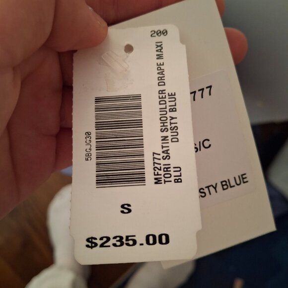 Slate Blue Satin Off-Shoulder Formal Gown w/ Slit – Size 4 - Picture 4 of 4